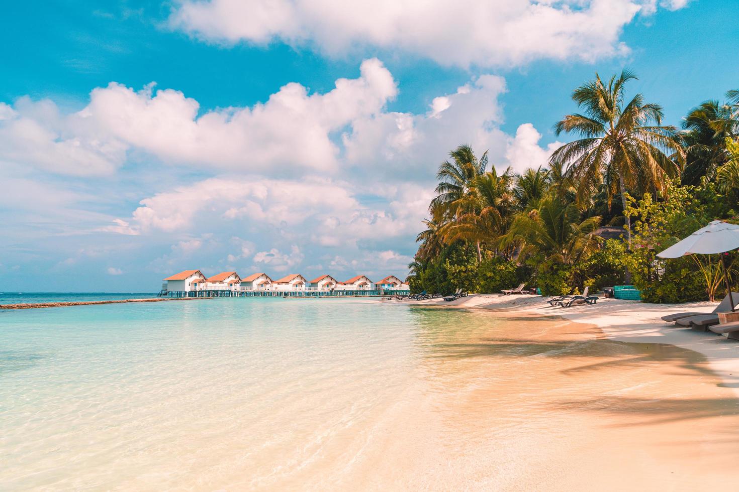 Beach chairs with tropical Maldives resort hotel island and sea background photo