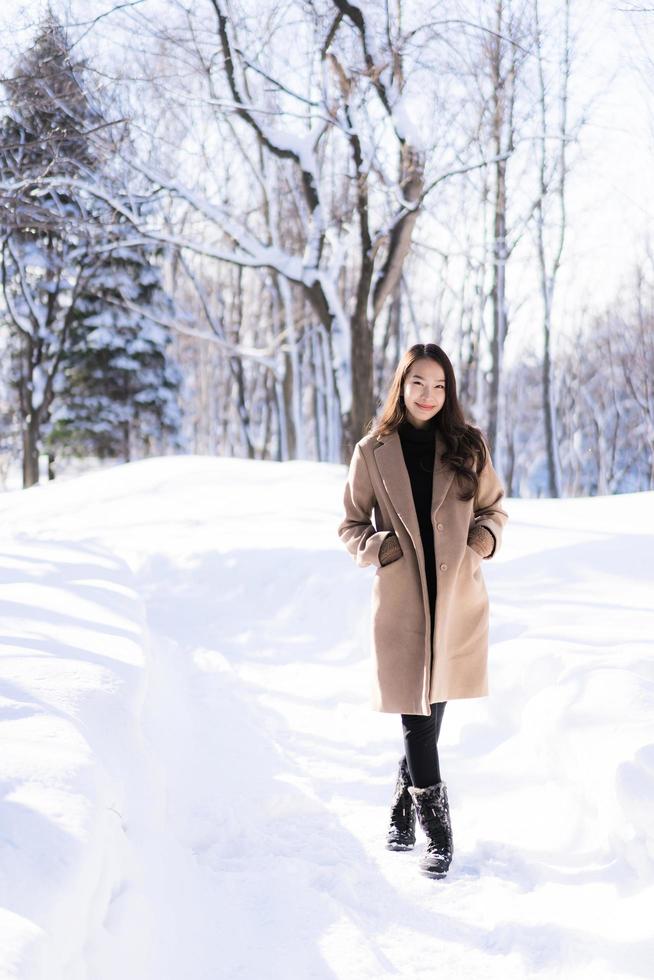 Portrait Young Beautiful asian woman smile happy travel and enjoy with snow winter season photo