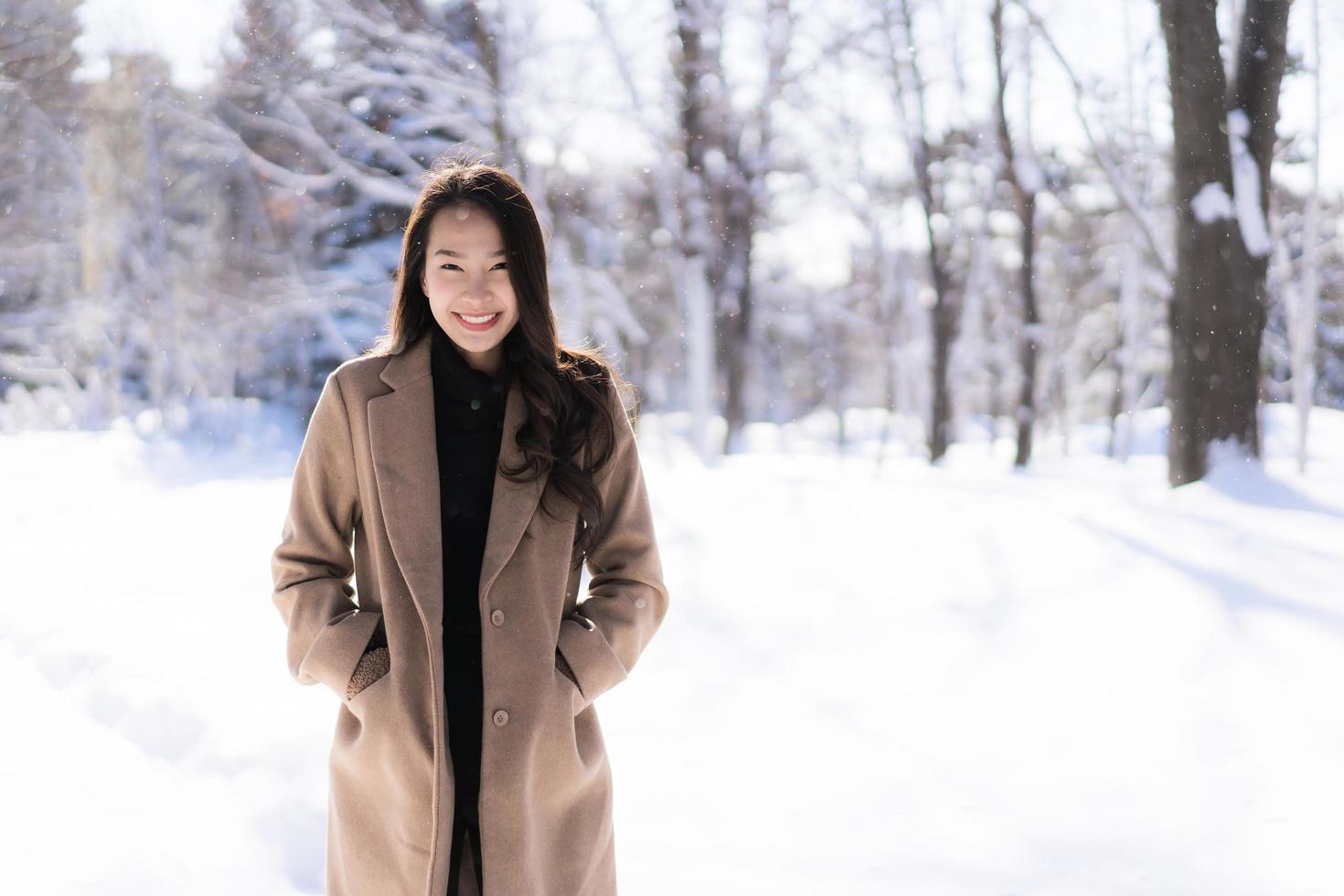 Portrait Young Beautiful asian woman smile happy travel and enjoy with snow winter season photo