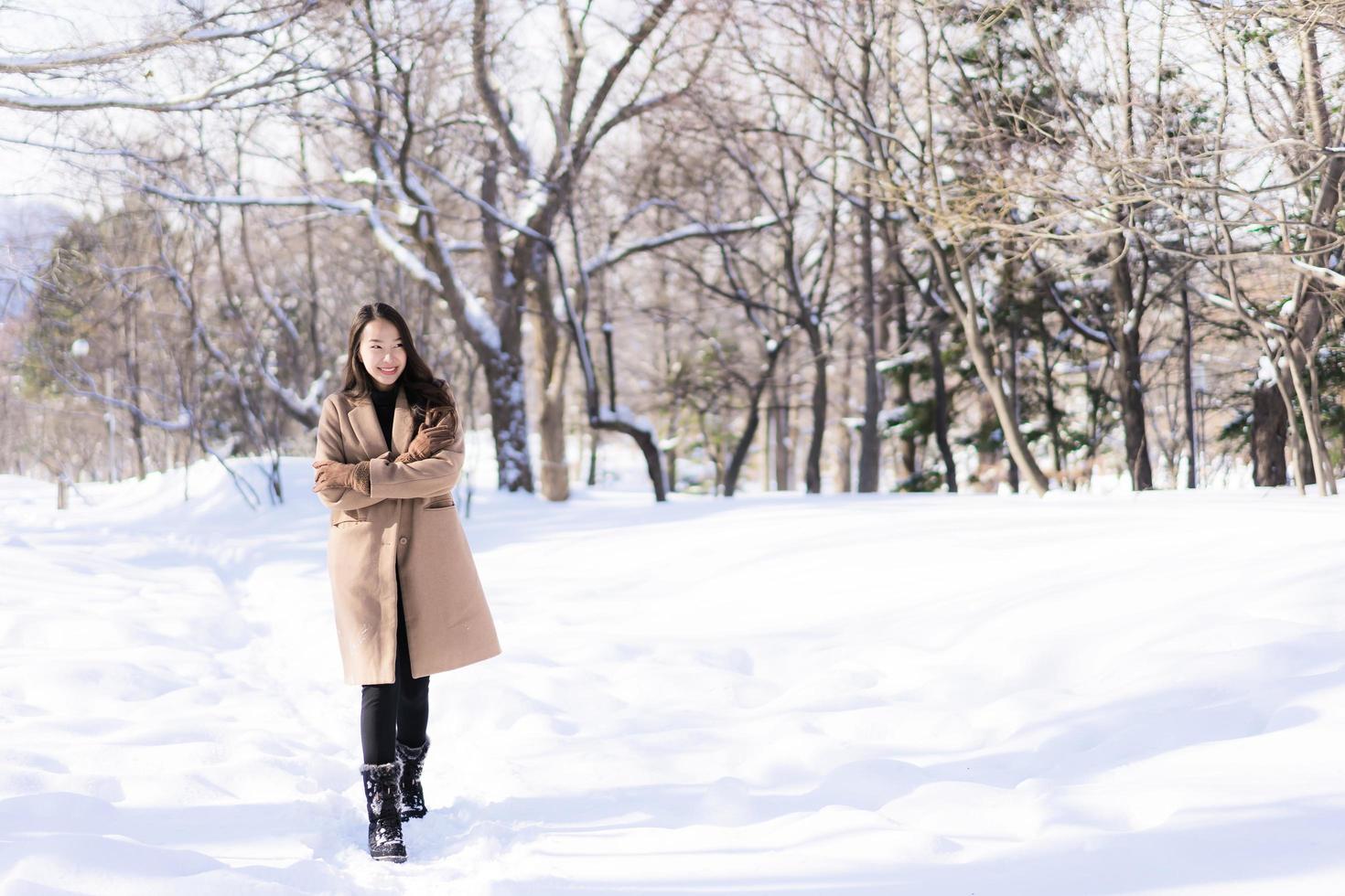 Portrait Young Beautiful asian woman smile happy travel and enjoy with snow winter season photo