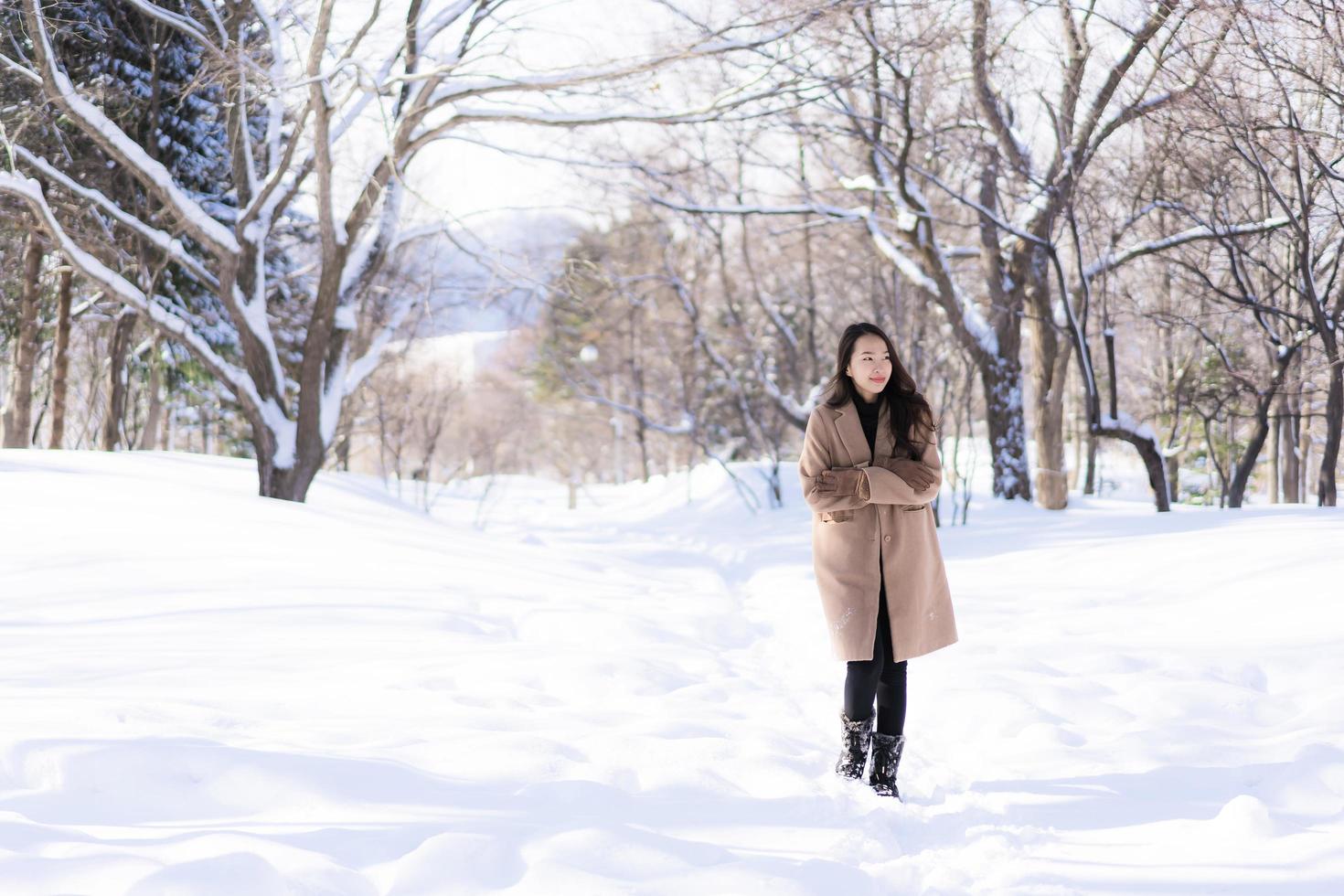Portrait Young Beautiful asian woman smile happy travel and enjoy with snow winter season photo