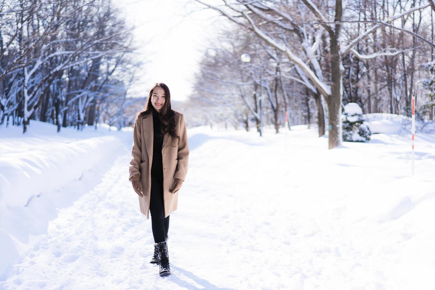 Portrait Young Beautiful asian woman smile happy travel and enjoy with snow winter season photo