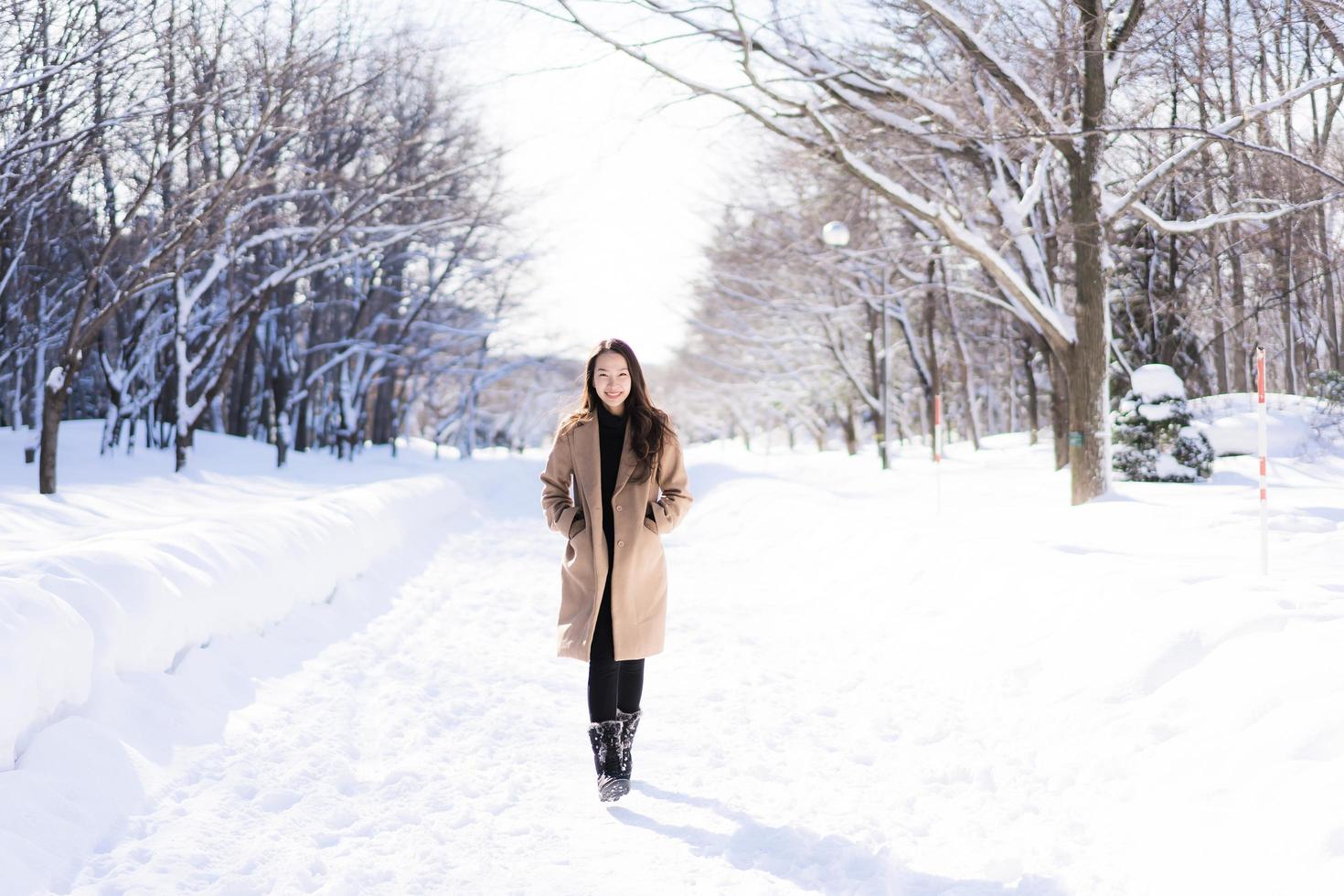 Portrait Young Beautiful asian woman smile happy travel and enjoy with snow winter season photo