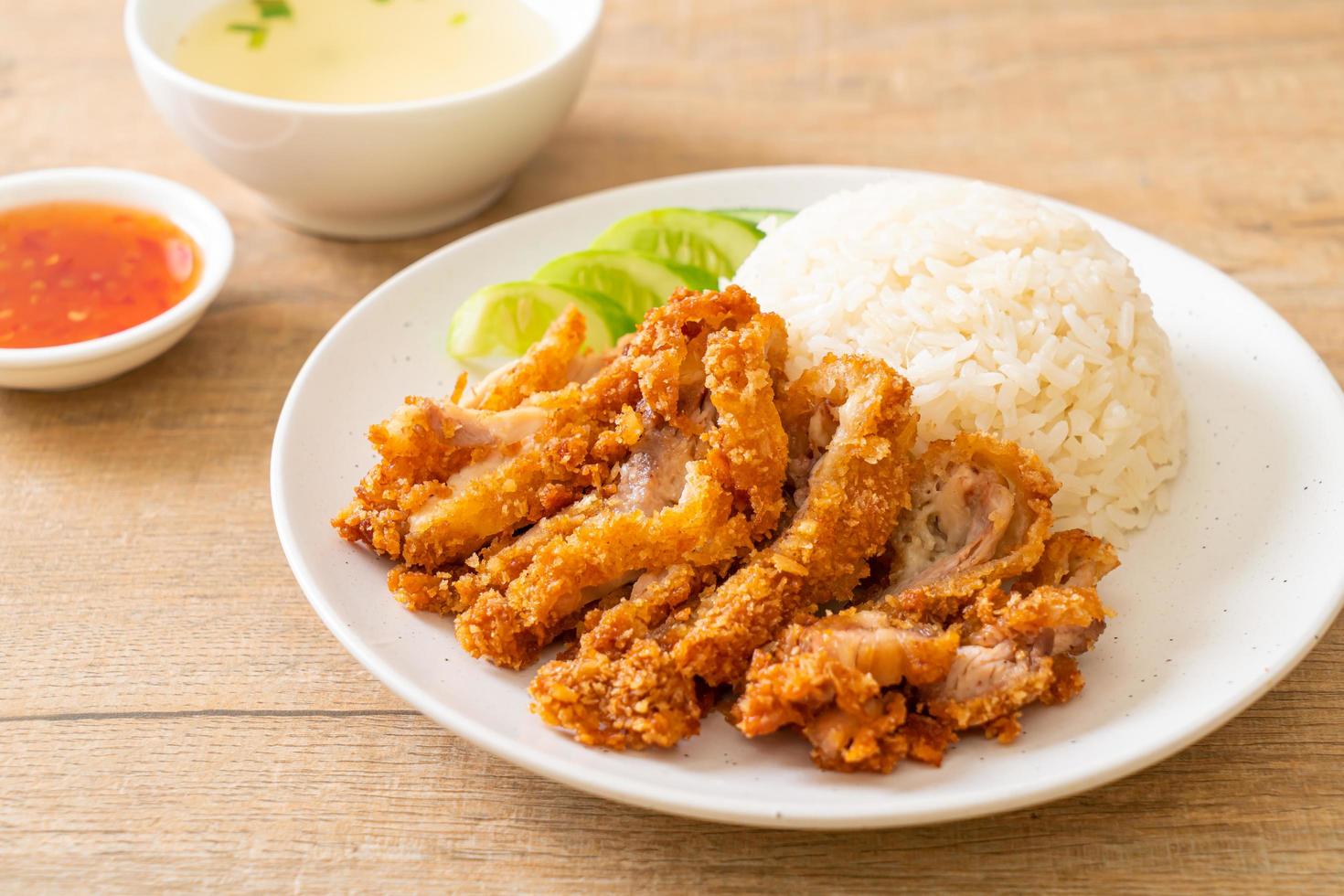 Hainanese chicken rice with fried chicken photo