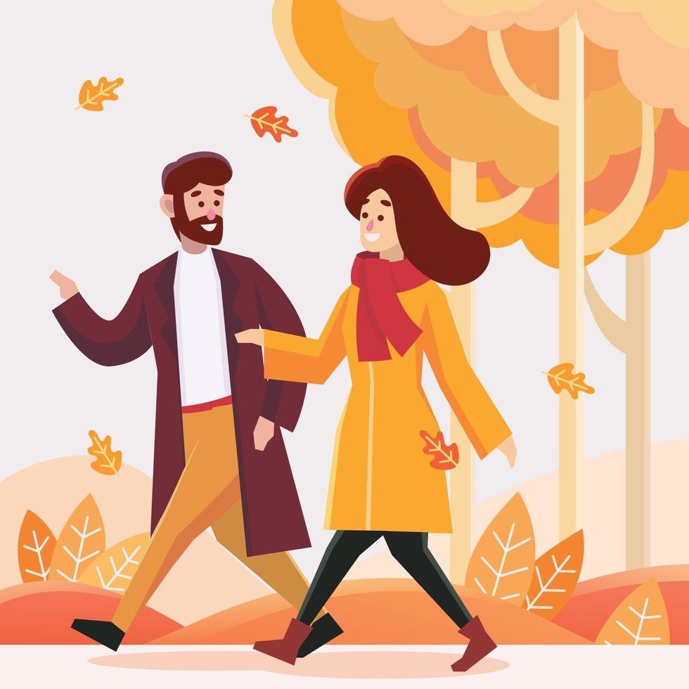 hombre y mujer caminando en la temporada de otoño vector