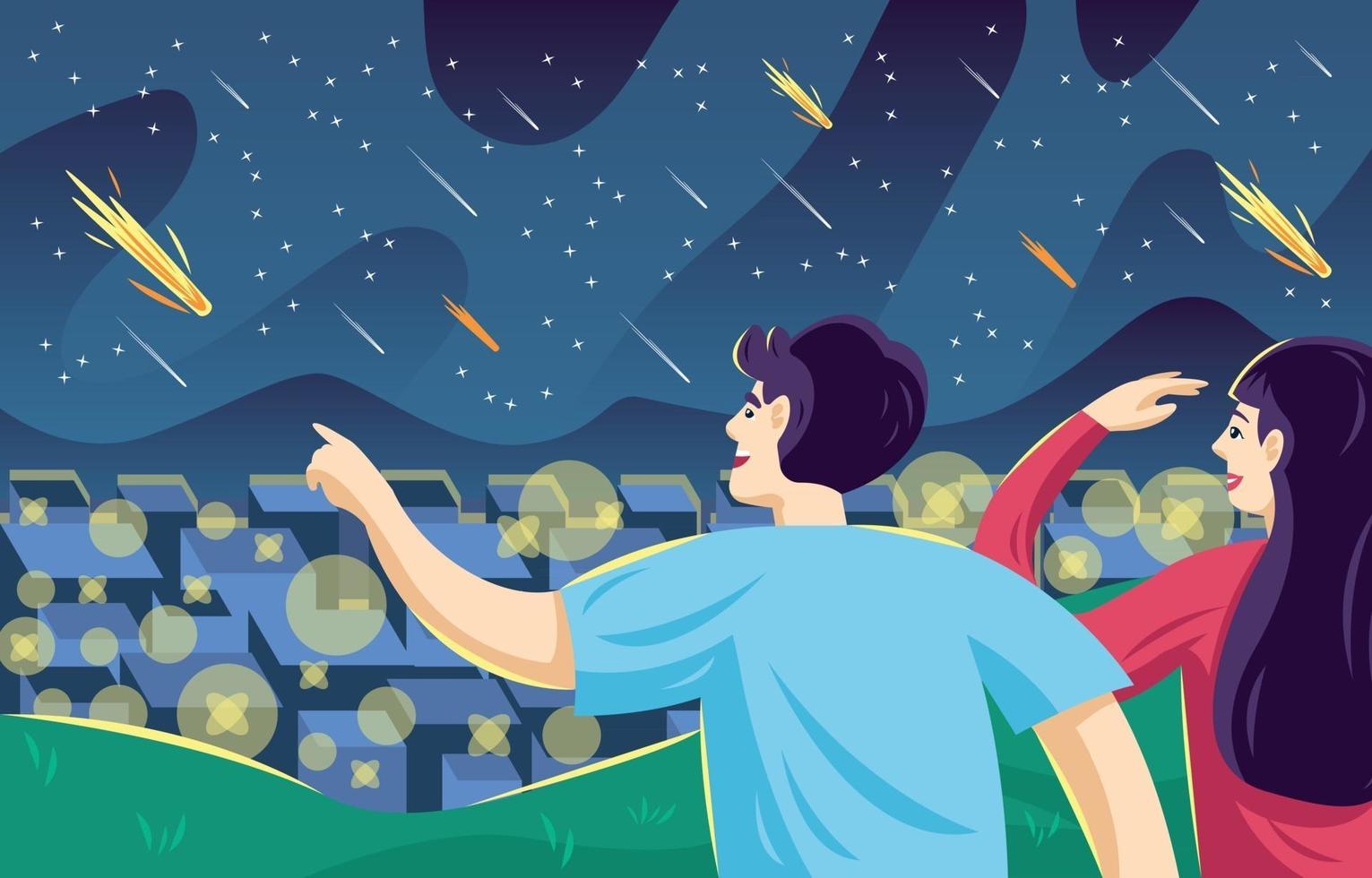 gente viendo lluvia de meteoritos vector