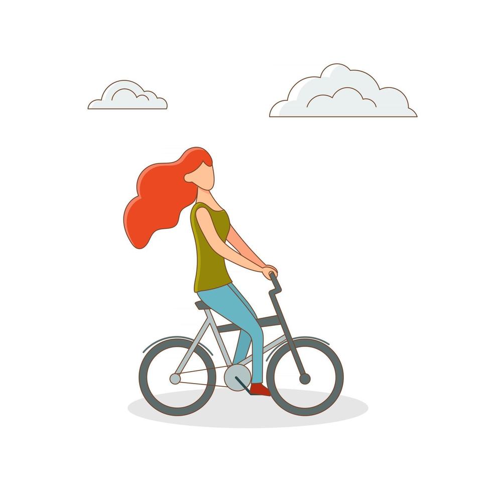 Young woman rides a bicycle. Vector illustration in flat style isolated on white background