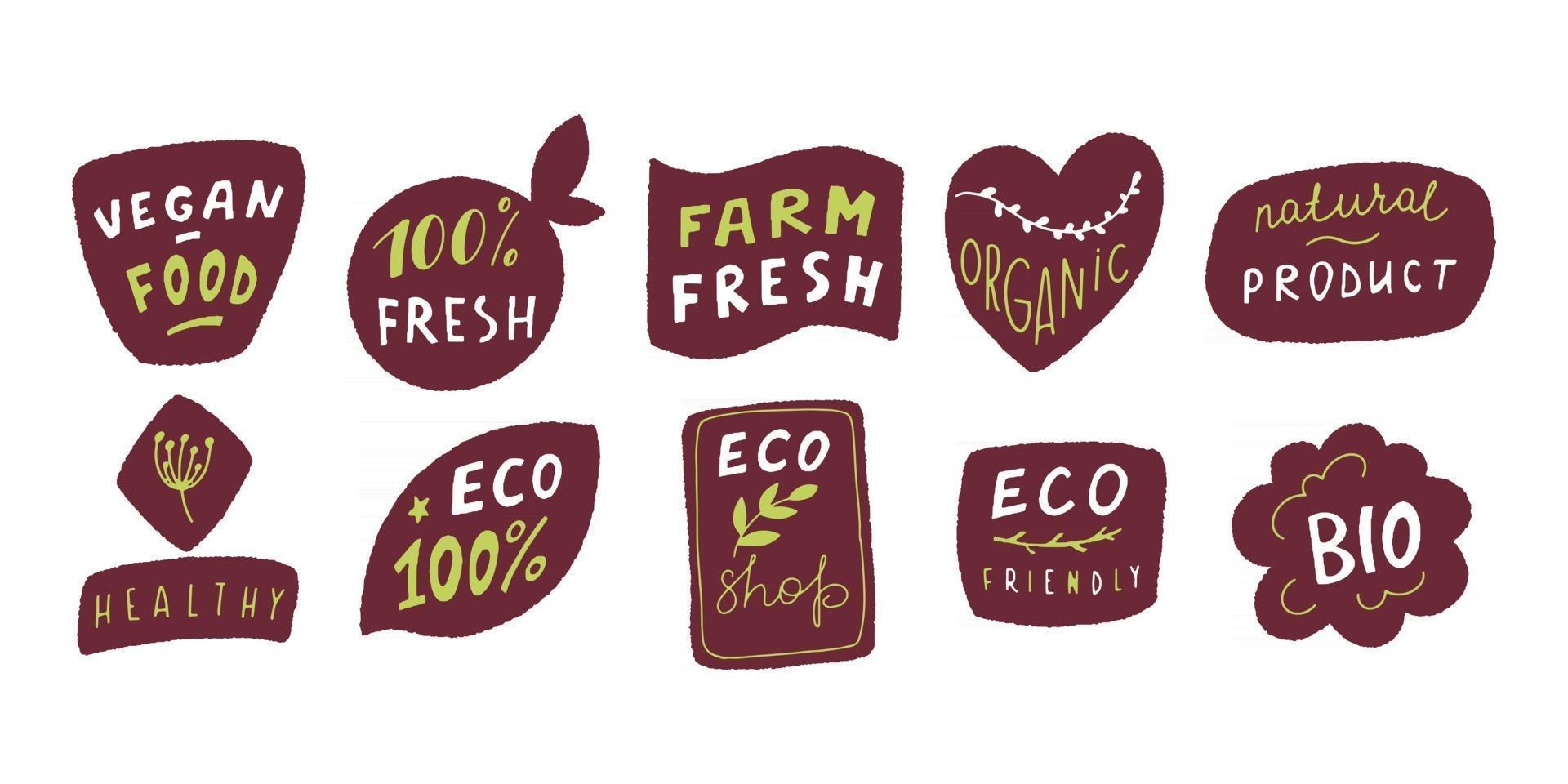 ArtEco badge set in handraw style. Organic logo. Vegan product labels, natural food and eco vegetables badges, fresh and healthy product stickers. Vector illustration