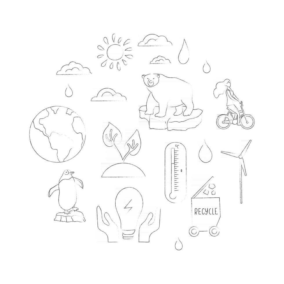 Global warming icon set in outline sketch style isolated on white background. Arctic animals icons, thermometer, windmill, sun, recycling, eco food, save energy, cycling. Vector illustration