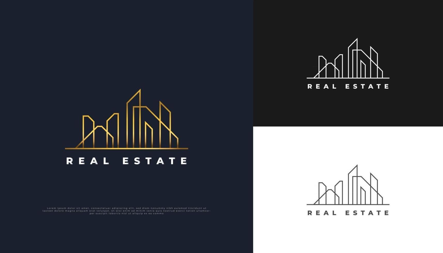 diseño de logotipo de bienes raíces de oro de lujo con estilo de línea. plantilla de diseño de logotipo de construcción, arquitectura o edificio vector