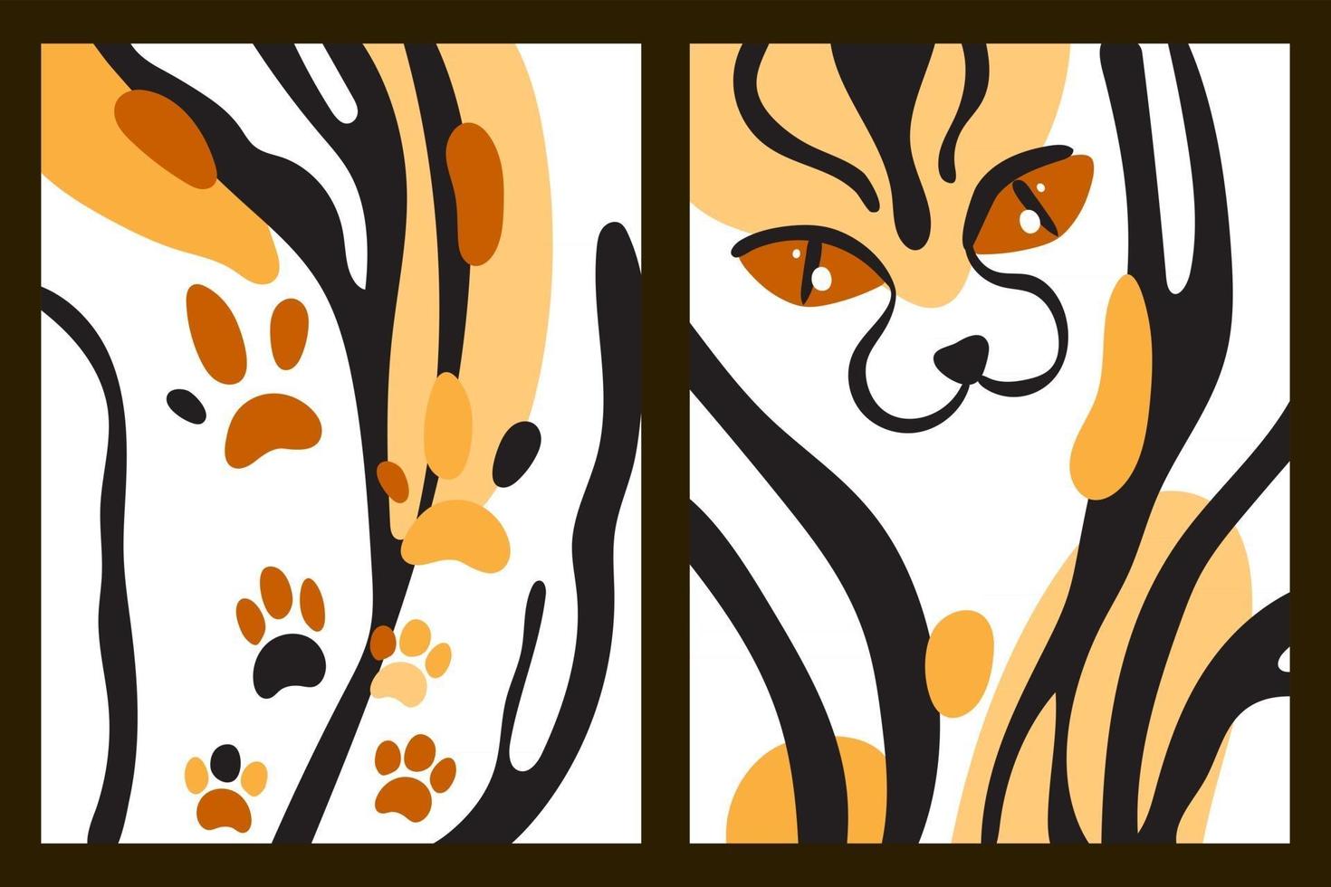 Abstract childish wall art or postcard with tiger stripes, paw spots and cat eyes. Cartoon vector background