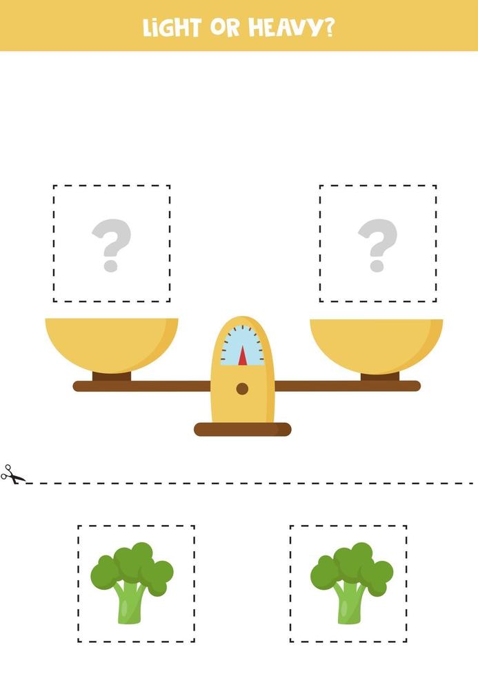 Light or heavy. Cut pictures below and glue to the right box. vector