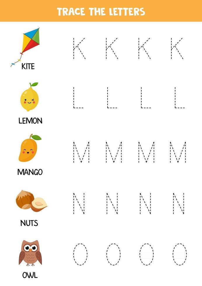 Tracing letters of English alphabet. Writing practice. vector