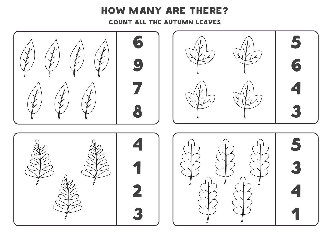 Counting game with black and white autumn leaves. Math worksheet. vector