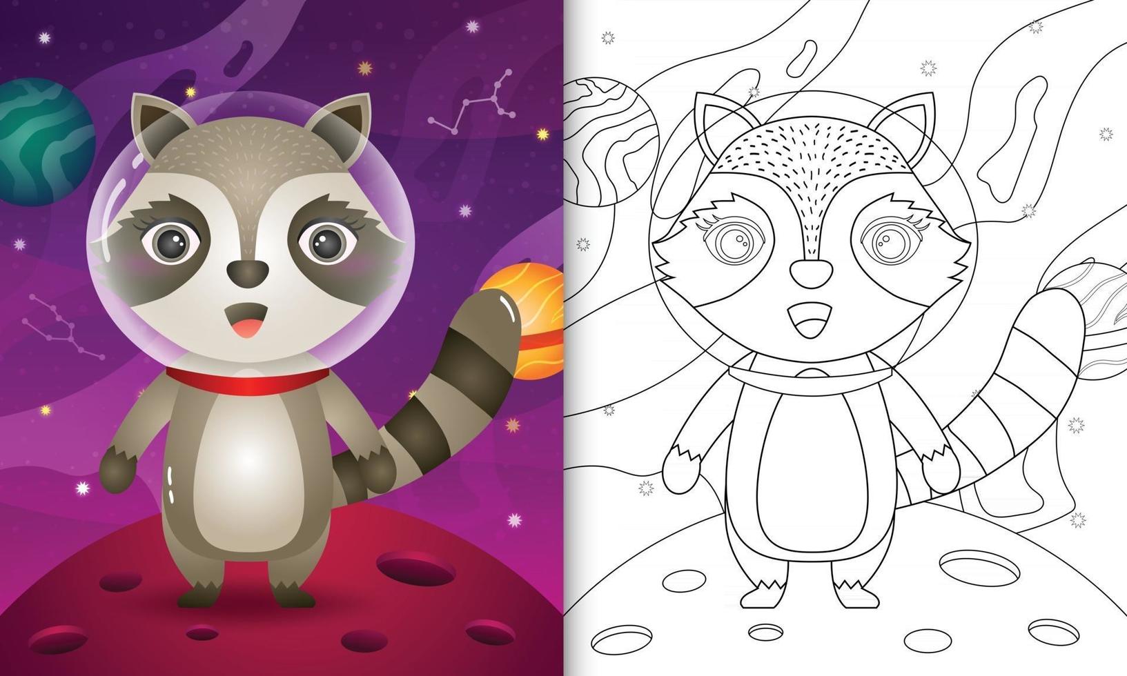 libro para colorear para niños con un lindo mapache en la galaxia espacial vector