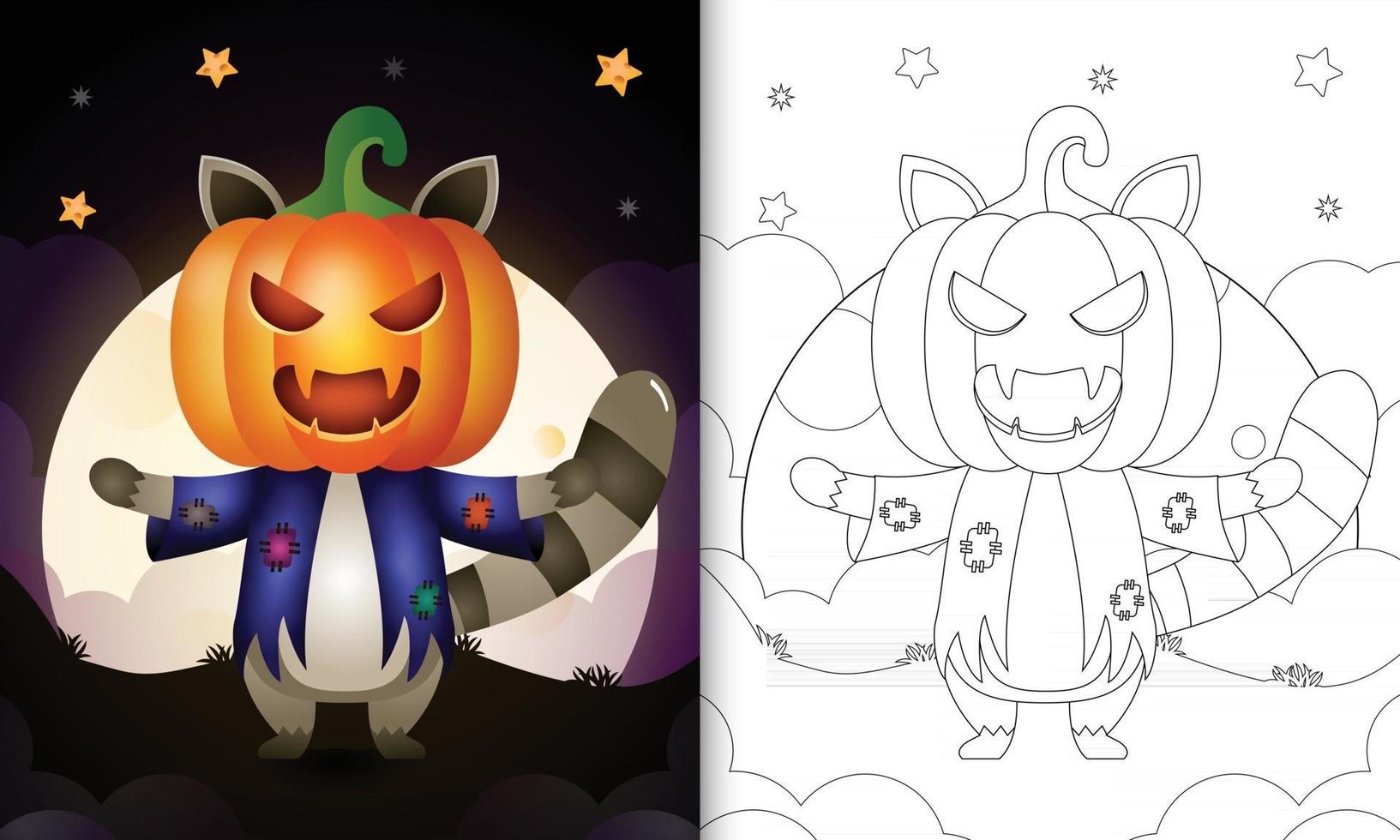 coloring book with a cute raccoon using costume scarecrow and pumpkin halloween vector