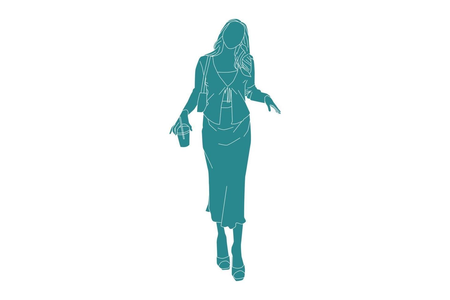 Vector illustration of elegant woman posing with iced coffee, Flat style with outline