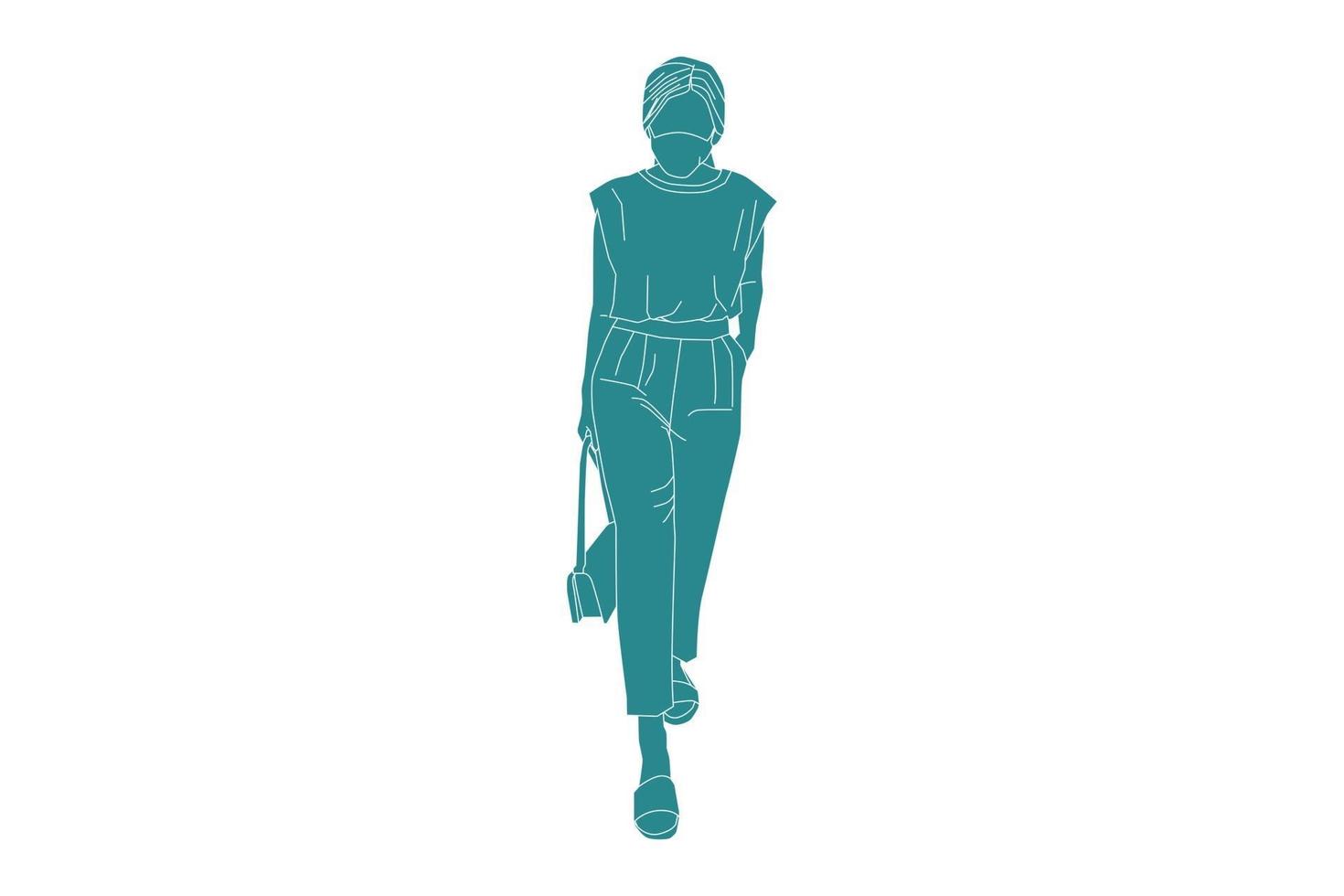 Ilustración vectorial de mujer casual caminando por la calle lateral con su mini bolso, estilo plano con contorno vector