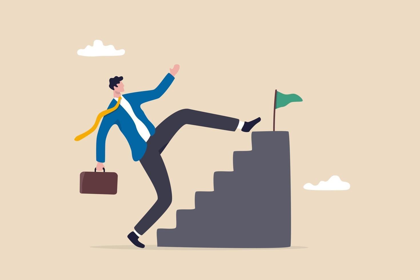 Shortcut or advancement in career development or work to achieve target, skip step to reach goal or beginner mistake by try hard way to success concept, businessman skip stair step to reach target. vector
