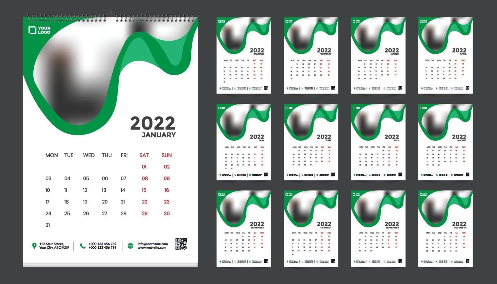 Monthly wall calendar template design for 2022, year. Week starts on Sunday. Planner diary with Place for Photo. vector