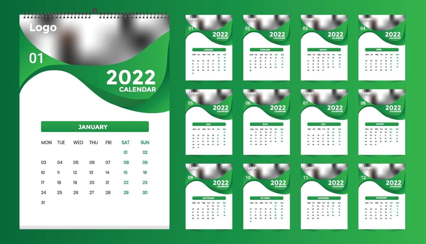 Diseño de plantilla de calendario de pared mensual para 2022, año. la semana comienza el domingo. diario del planificador con lugar para la foto. vector