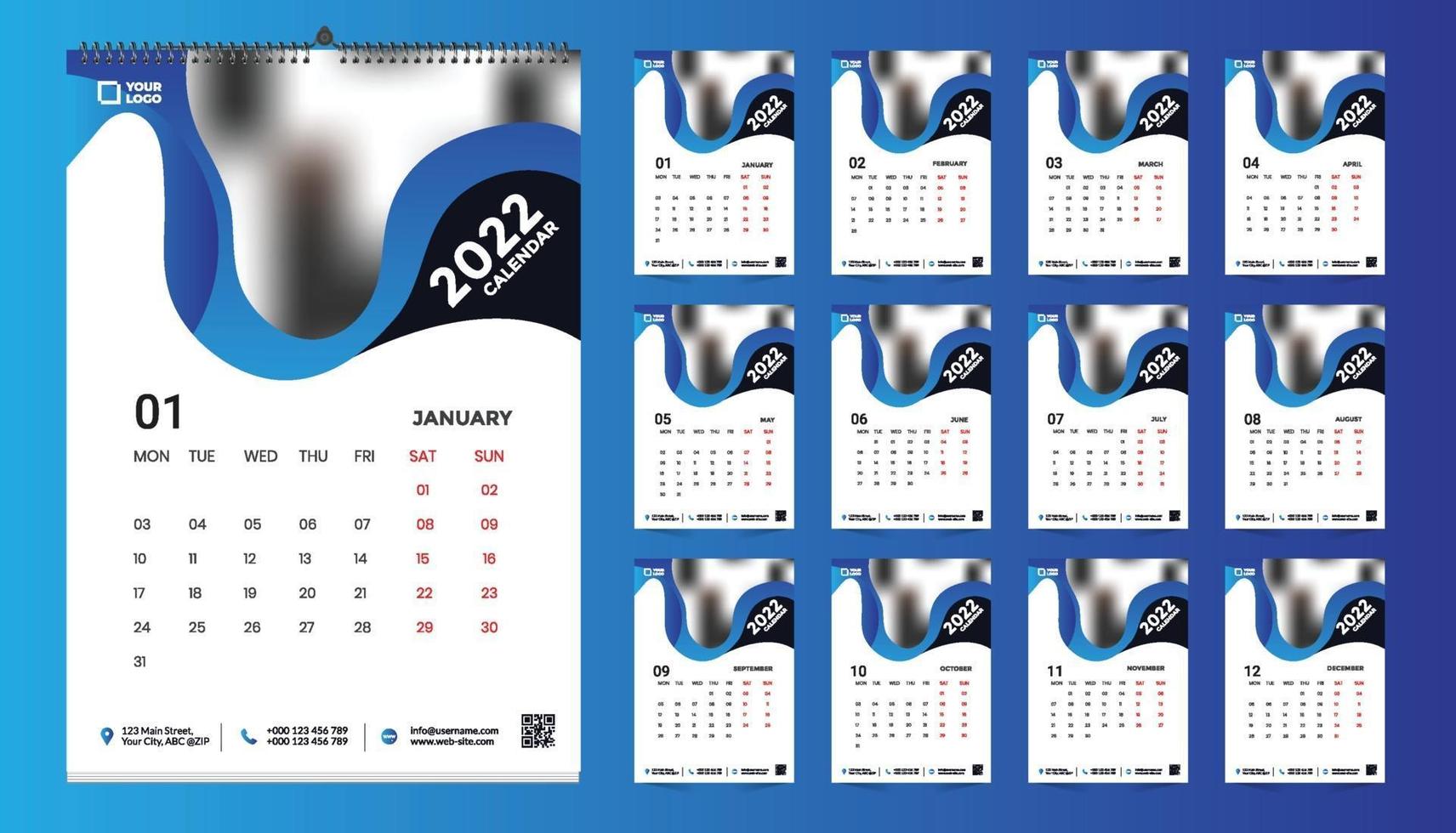 Monthly wall calendar template design for 2022, year. Week starts on Sunday. Planner diary with Place for Photo. vector