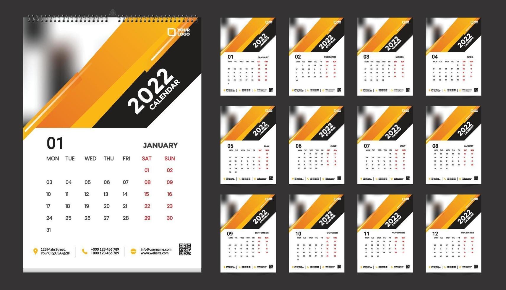 Monthly wall calendar template design for 2022, year. Week starts on Sunday. Planner diary with Place for Photo. vector