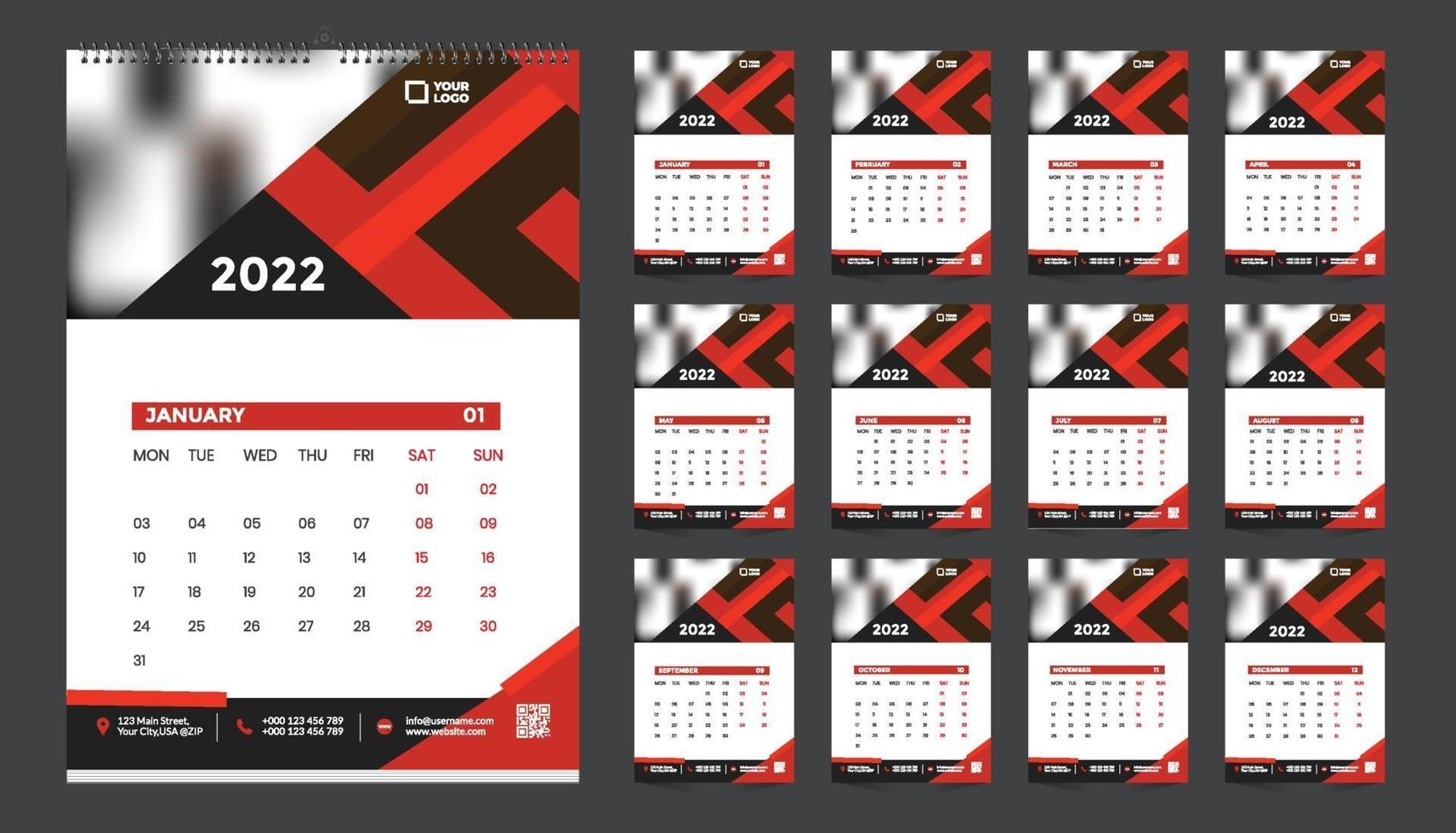 Monthly wall calendar template design for 2022, year. Week starts on Sunday. Planner diary with Place for Photo. vector