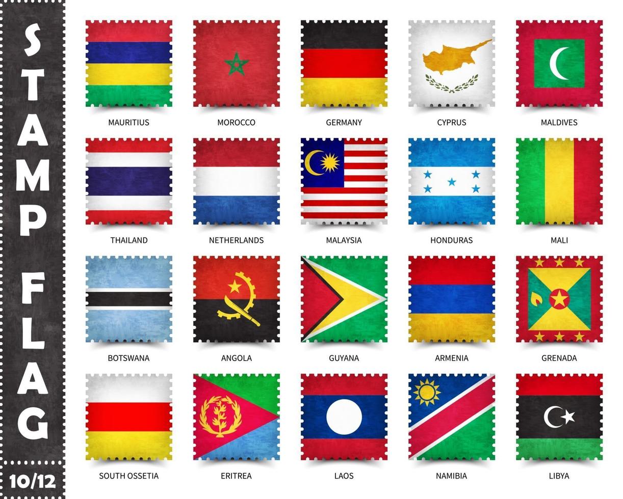 sello con el patrón oficial de la bandera del país y la textura del grunge antiguo y el nombre de los países. forma cuadrada . vector. set 10 de 12 en esta serie. todas las banderas nacionales del mundo. vector