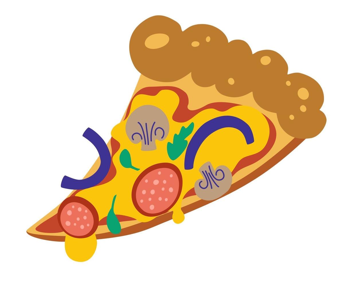 Slice of pizza. Delicious slice of pizza with melted cheese, salami, onions and mushrooms. Colored vector illustration hand drawn for label or logo of  gourmet meals or fast food delivery service.