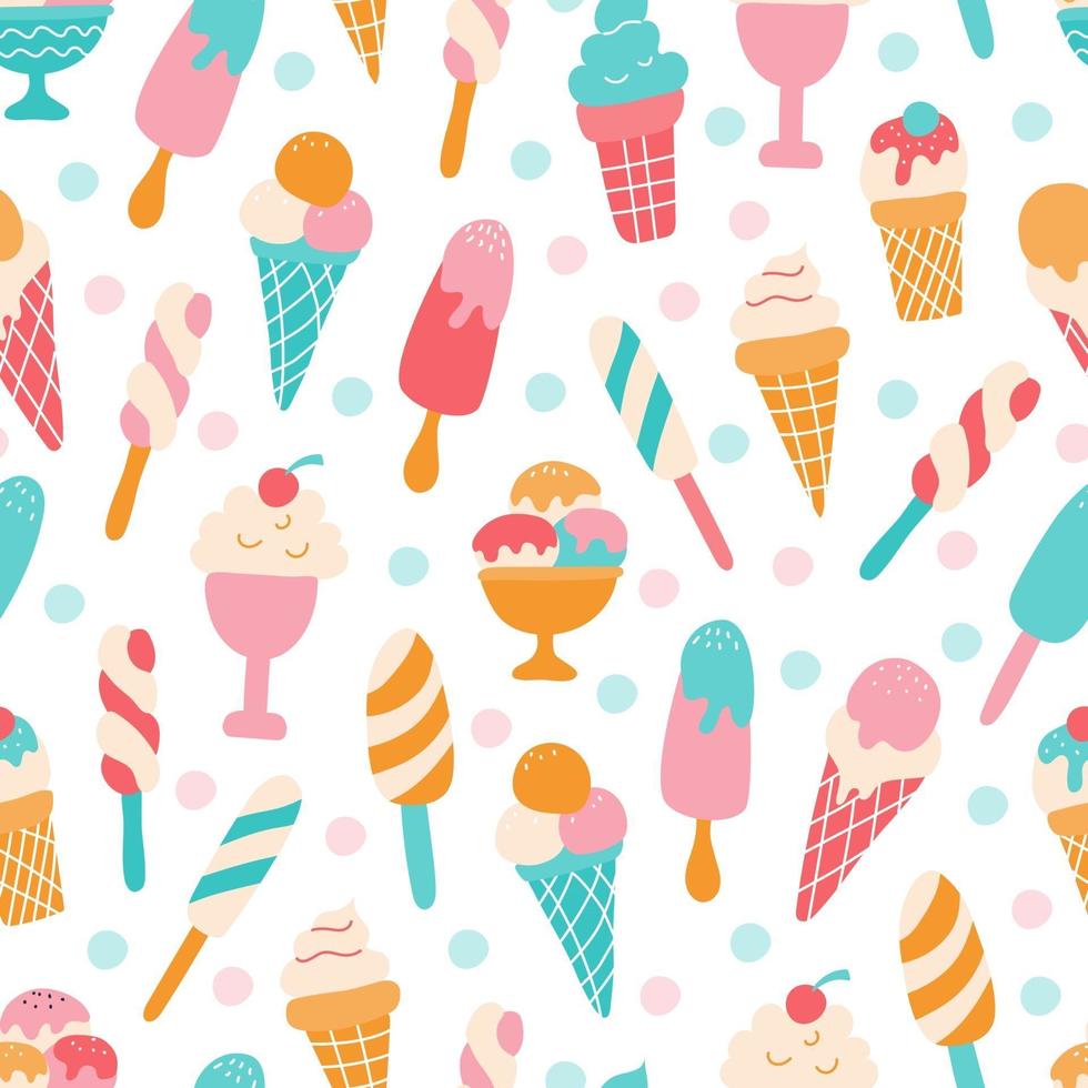 Colorful ice cream with berries on a white background. Vector seamless pattern. Wallpaper, packaging paper design, fabrics