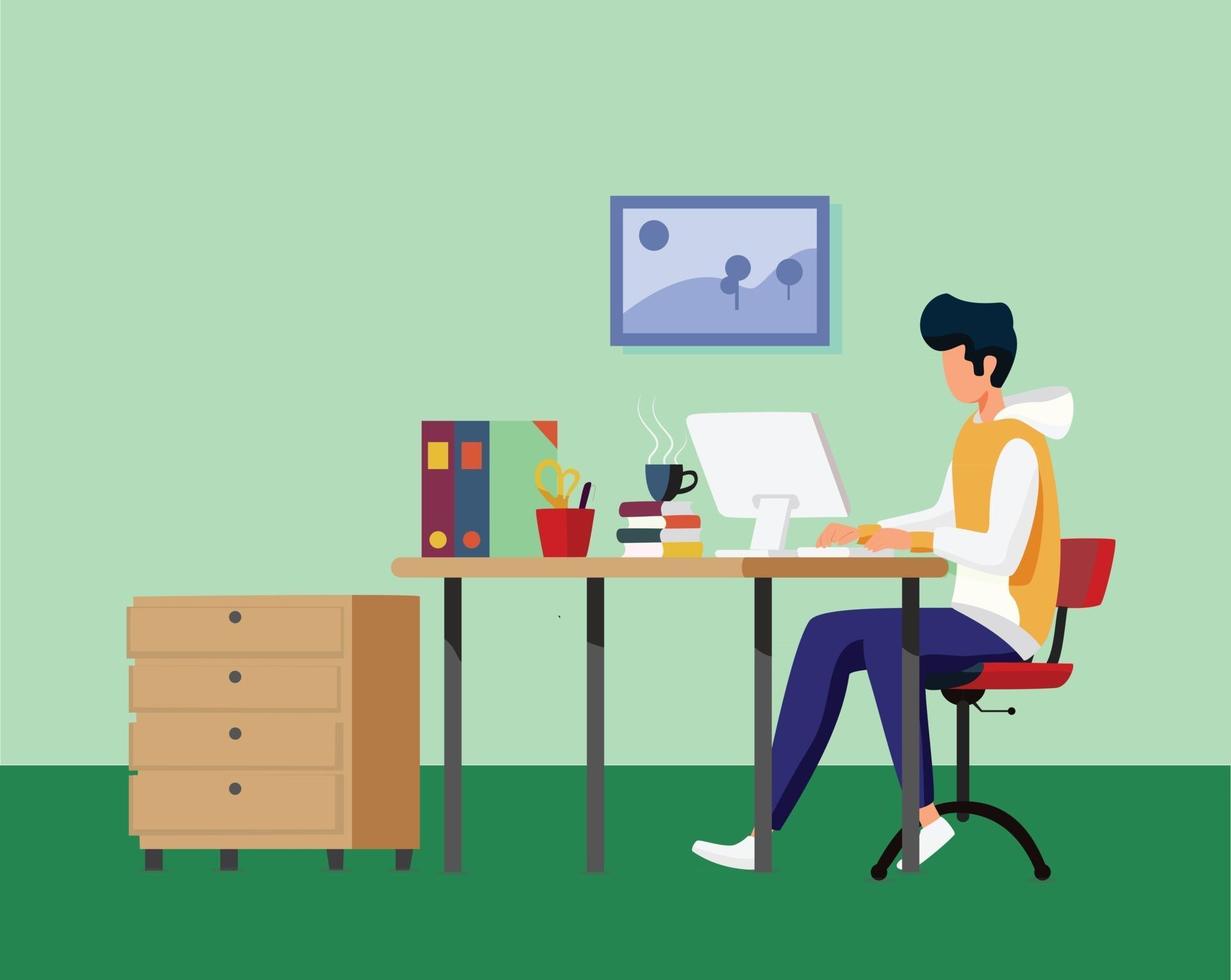 Boy working on computer illustration concept vector