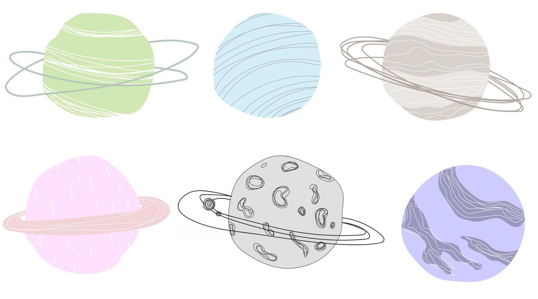 Cute pastel doodles space isolated line set Hand drawn vector