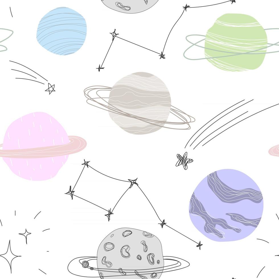 Cute pastel white planets space pattern with line stars Seamless background Textiles for children Minimalism paper scrapbook for kids vector