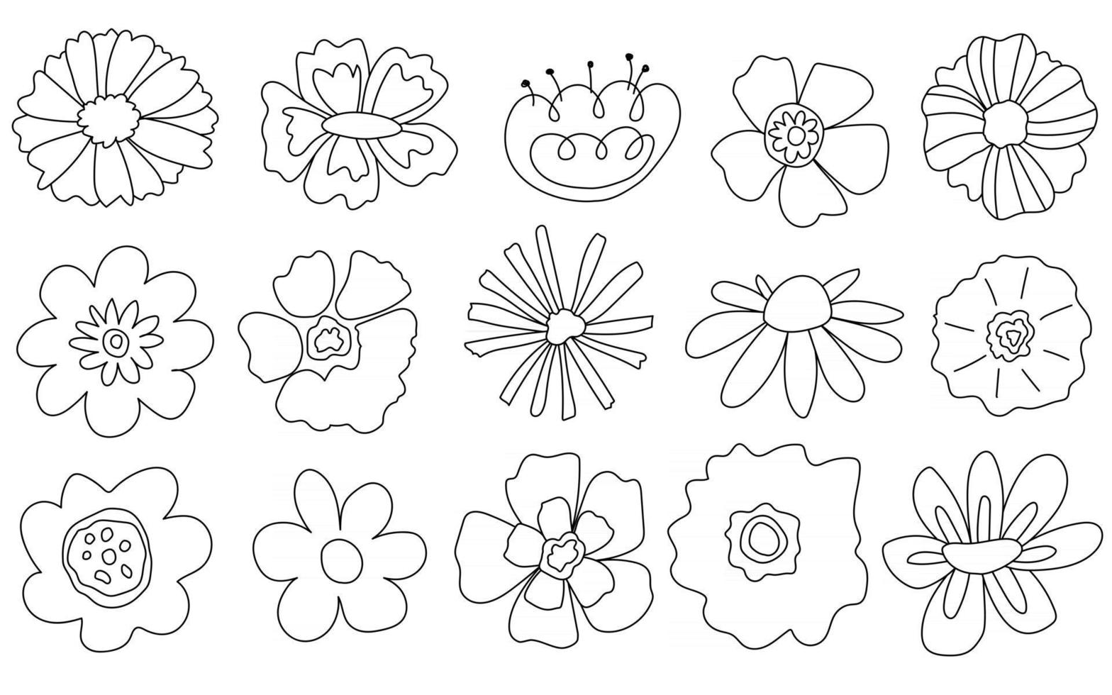 Cute flowers isolated line set doodles Hand drawn vector illustrations coloring collection Sketch for a tattoo and stickers