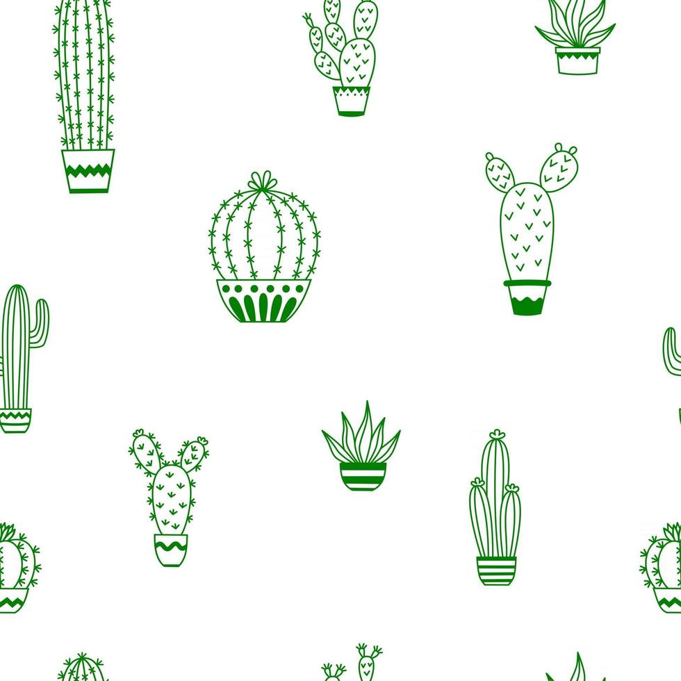 Patrón sin fisuras con dibujos de ilustración de contorno de vector de cactus en macetas para diseño de envases, textiles, fondo, diseño de postales y carteles