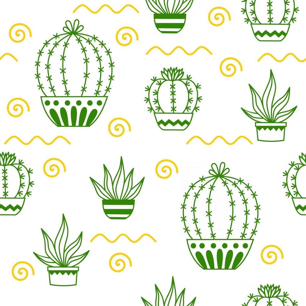 Seamless pattern with potted cactus Vector outline illustration drawings For design packaging, textile, background, design postcards and posters