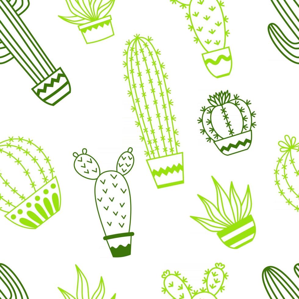 Seamless pattern with potted cactus Vector outline illustration drawings For design packaging, textile, background, design postcards and posters