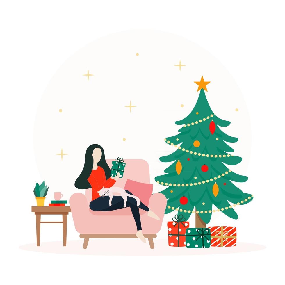 Ilustración navideña con mujer sentada, gato y árbol decorado. vector