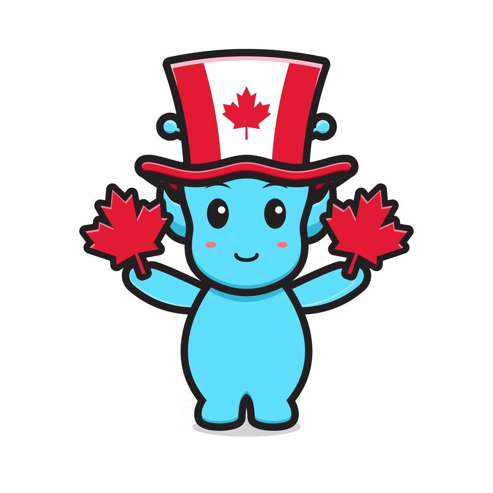 Cute alien character celebrated Canada Day cartoon vector icon illustration