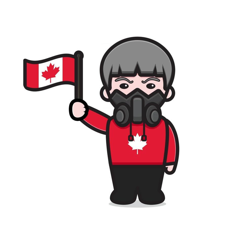 Cute boy with mask character celebrated Canada Day cartoon vector icon illustration