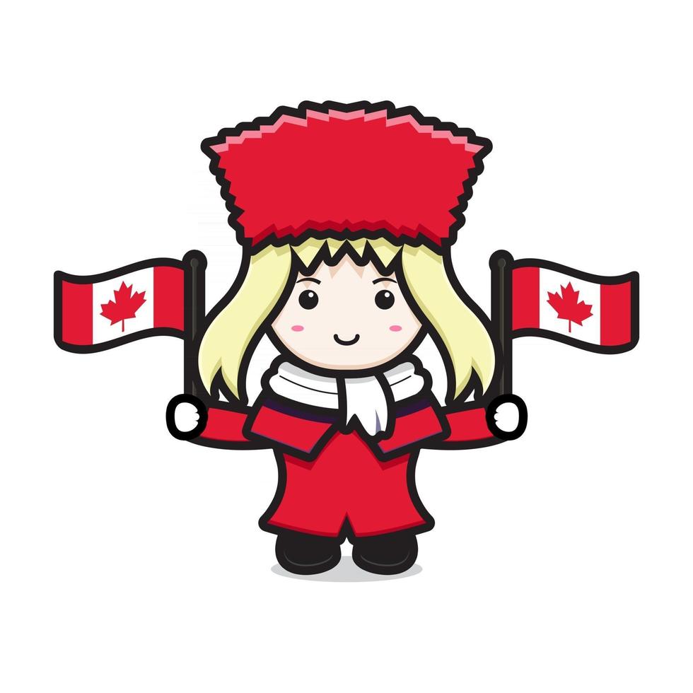 Cute girl character celebrated Canada Day cartoon vector icon illustration