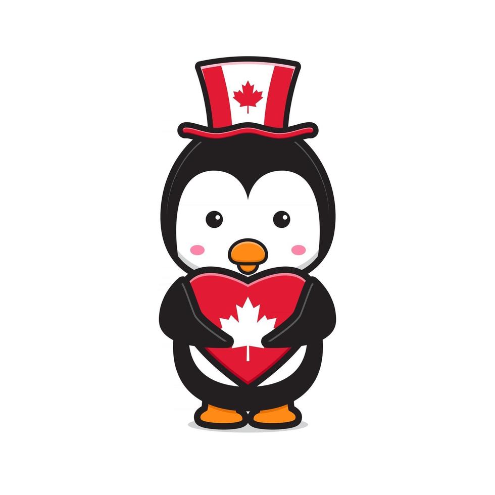 Cute penguin character celebrated Canada Day cartoon vector icon illustration