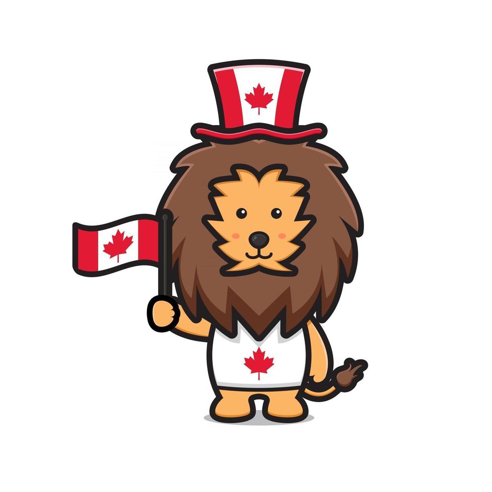 Cute lion character celebrated Canada Day cartoon vector icon illustration