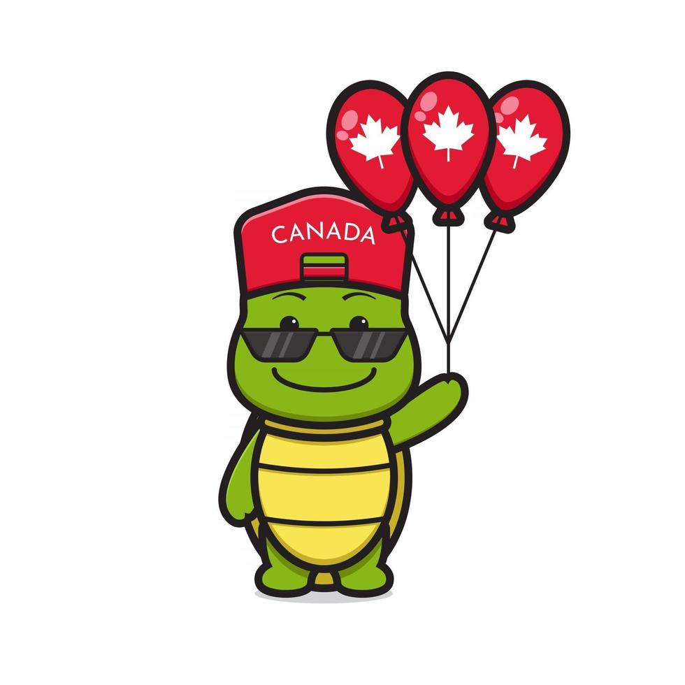 Cute turtle character celebrated Canada Day cartoon vector icon illustration