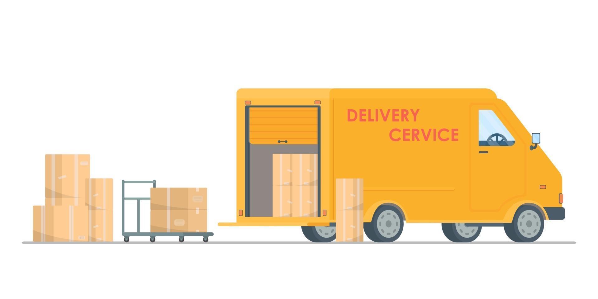Vector illustration of boxes,drawing of delivery express.Delivery truck vector flat illustration. Fast delivery concept. Post service.