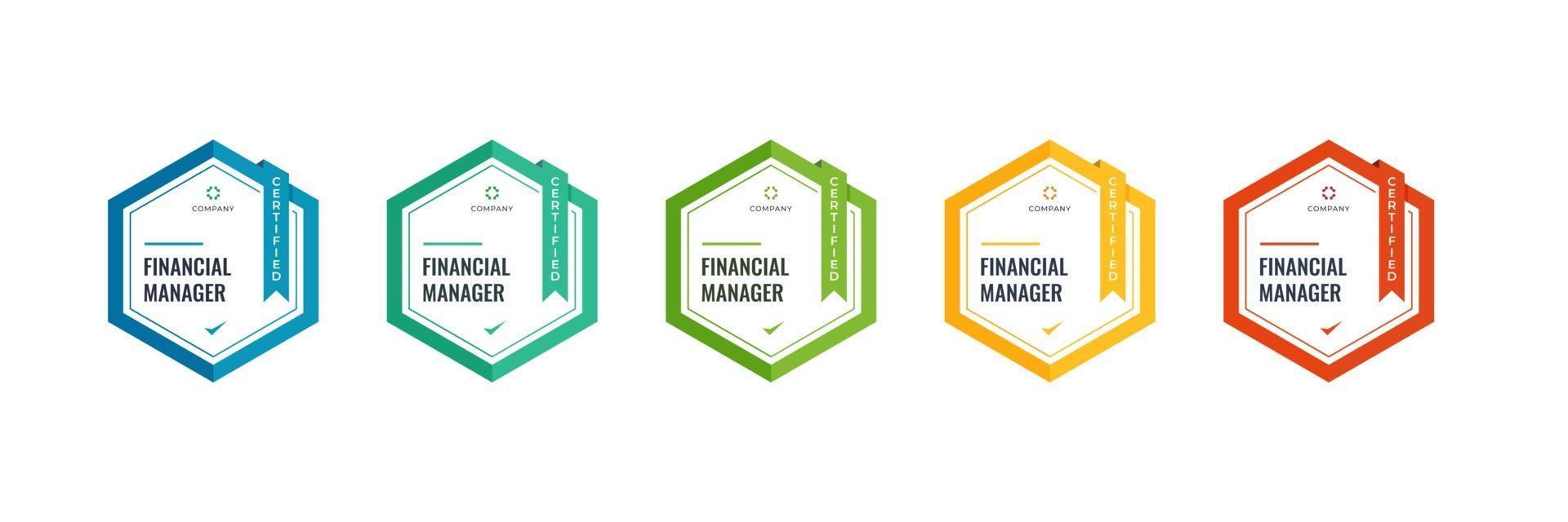 plantilla de logotipo de insignia de gerente financiero de certificación. diseño de categoría de calificaciones de contabilidad financiera certificada vector