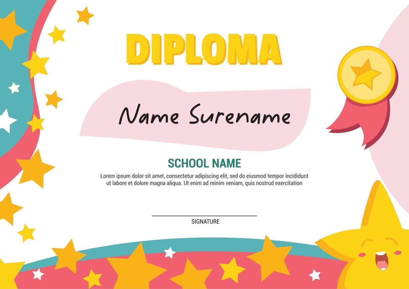 School diploma template certificate kids with flying stars award apretiation. vector