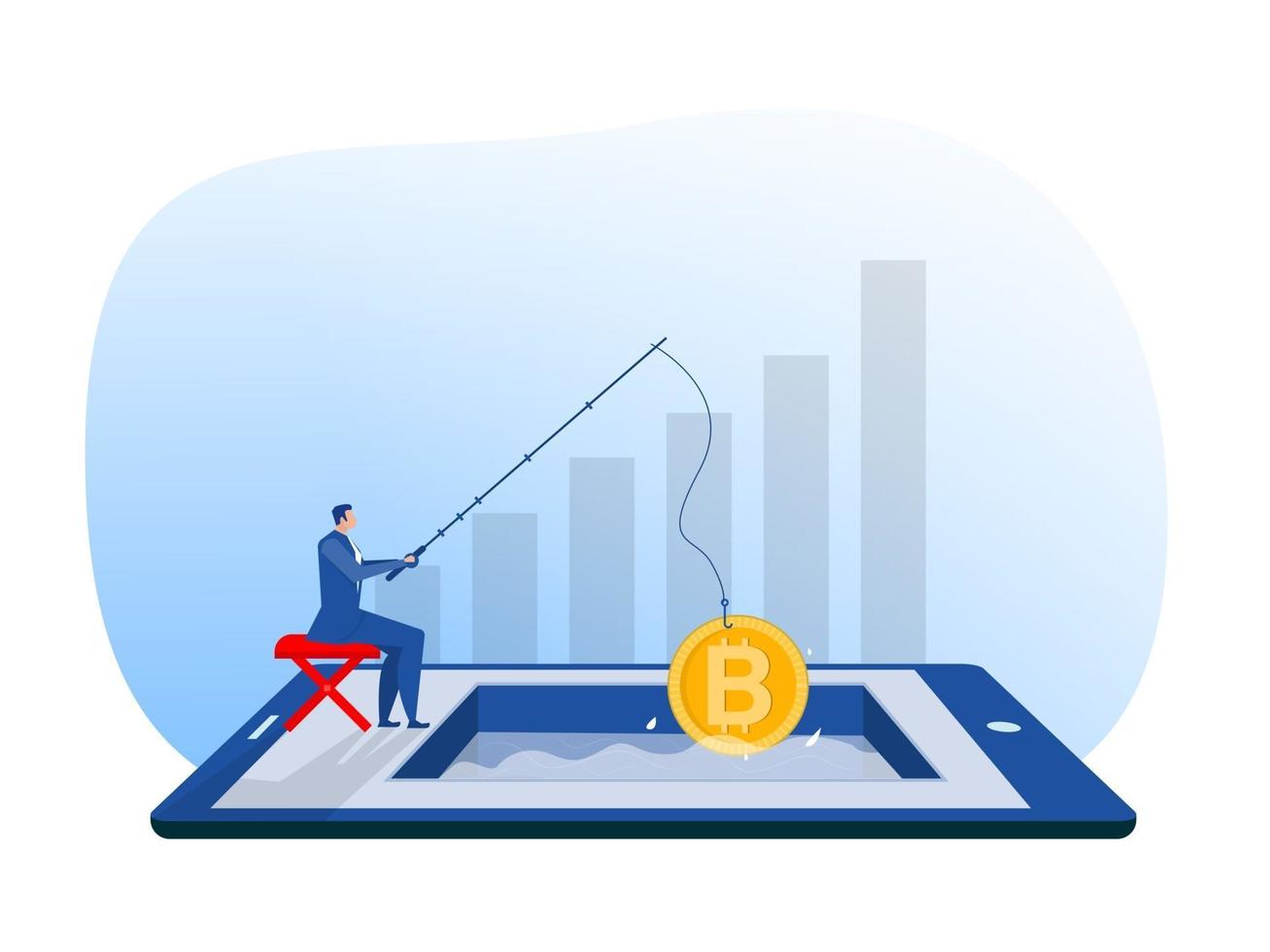 businessman fishing rod  a giant bitcoin mining growth wealth concept on tablet background vector illustration