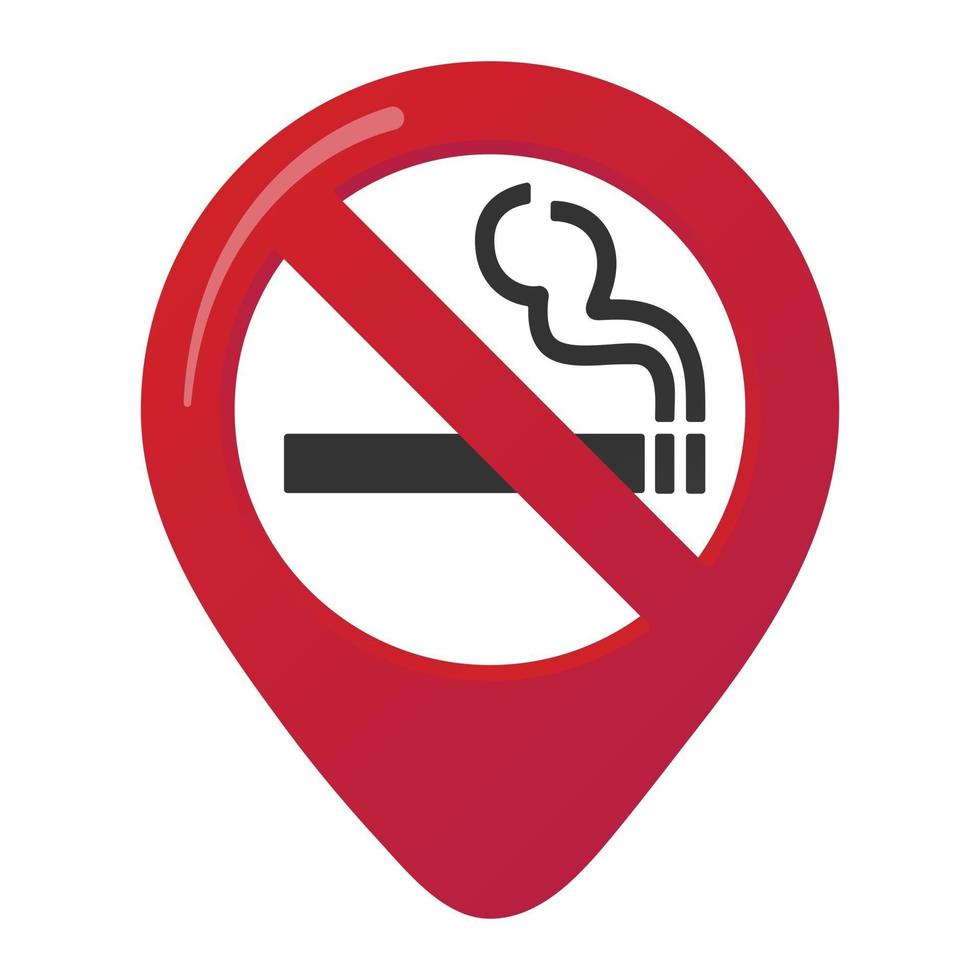 No smoking area marker map pin icon sign with flat design gradient styled cigarette in the prohibited forbidden red circle. Symbol of the no smoking area in the map apps isolated on white background vector